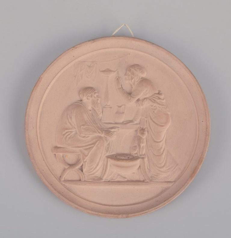 Four round plaster reliefs including Bertel Thorvaldsen motifs and biblical motifs.
Circa 1900.
In good condition with a few minor chips.
Hanging attachments on the backs.
Dimensions: Diameter 14.0 cm.
