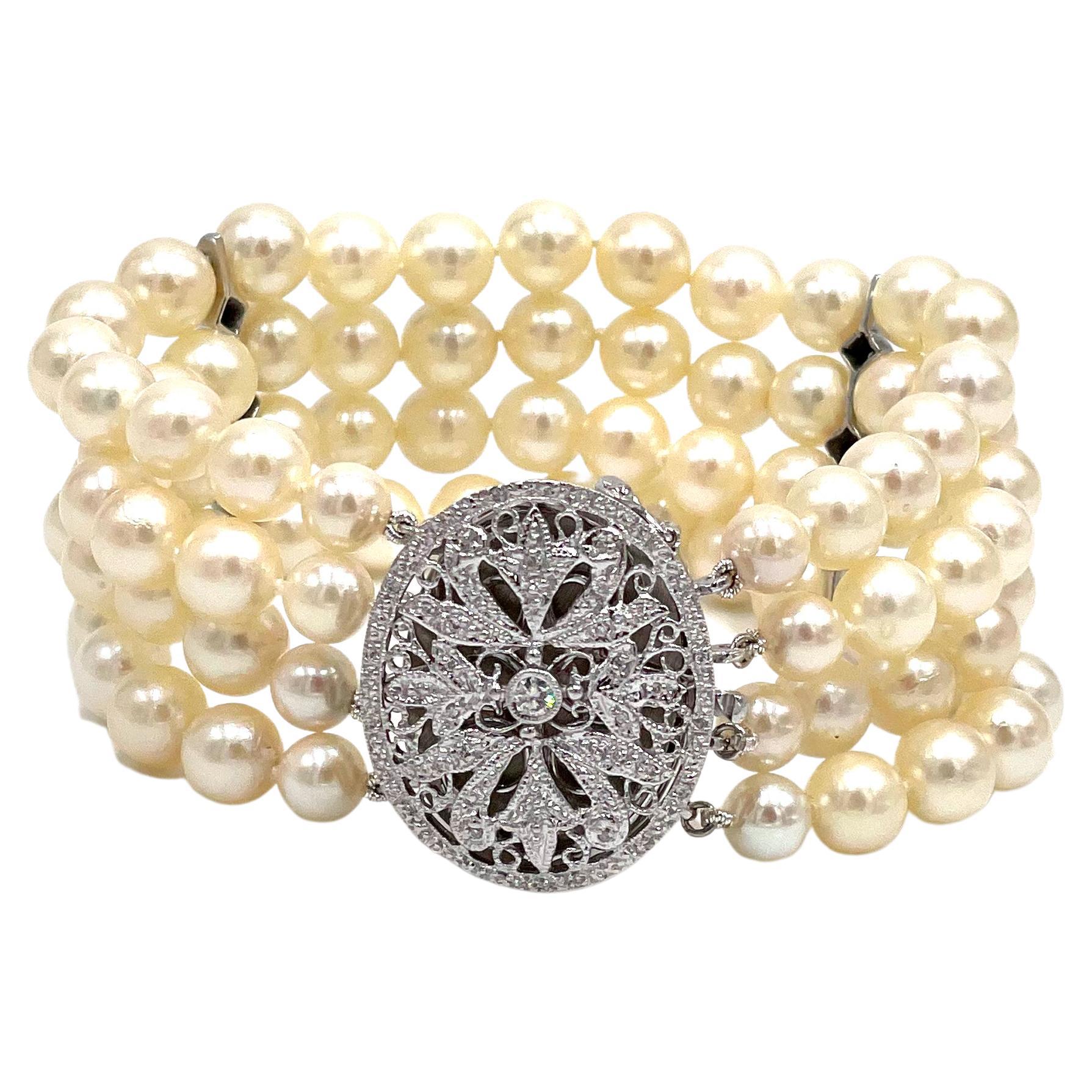 Four Row Cultured Pearl Bracelet, 14K White Gold Antique Inspired Diamond Clasp