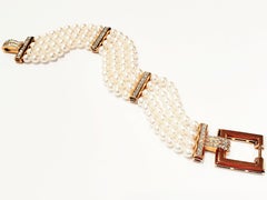 Four-Row Cultured Pearl Bracelet with 18 Karat Yellow Gold Diamonds