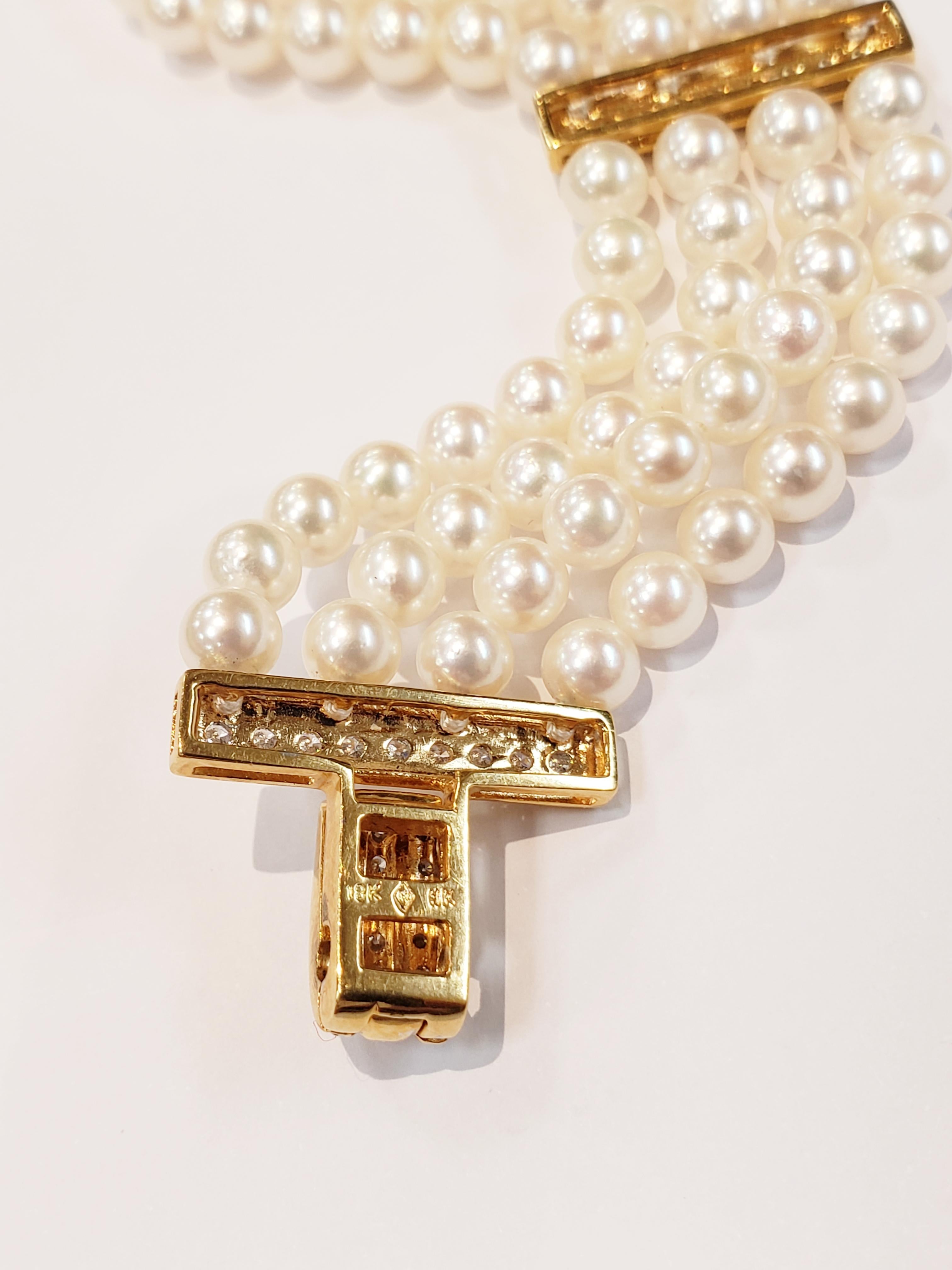 Contemporary Four-Row Cultured Pearl Bracelet with 18 Karat Yellow Gold Diamonds For Sale