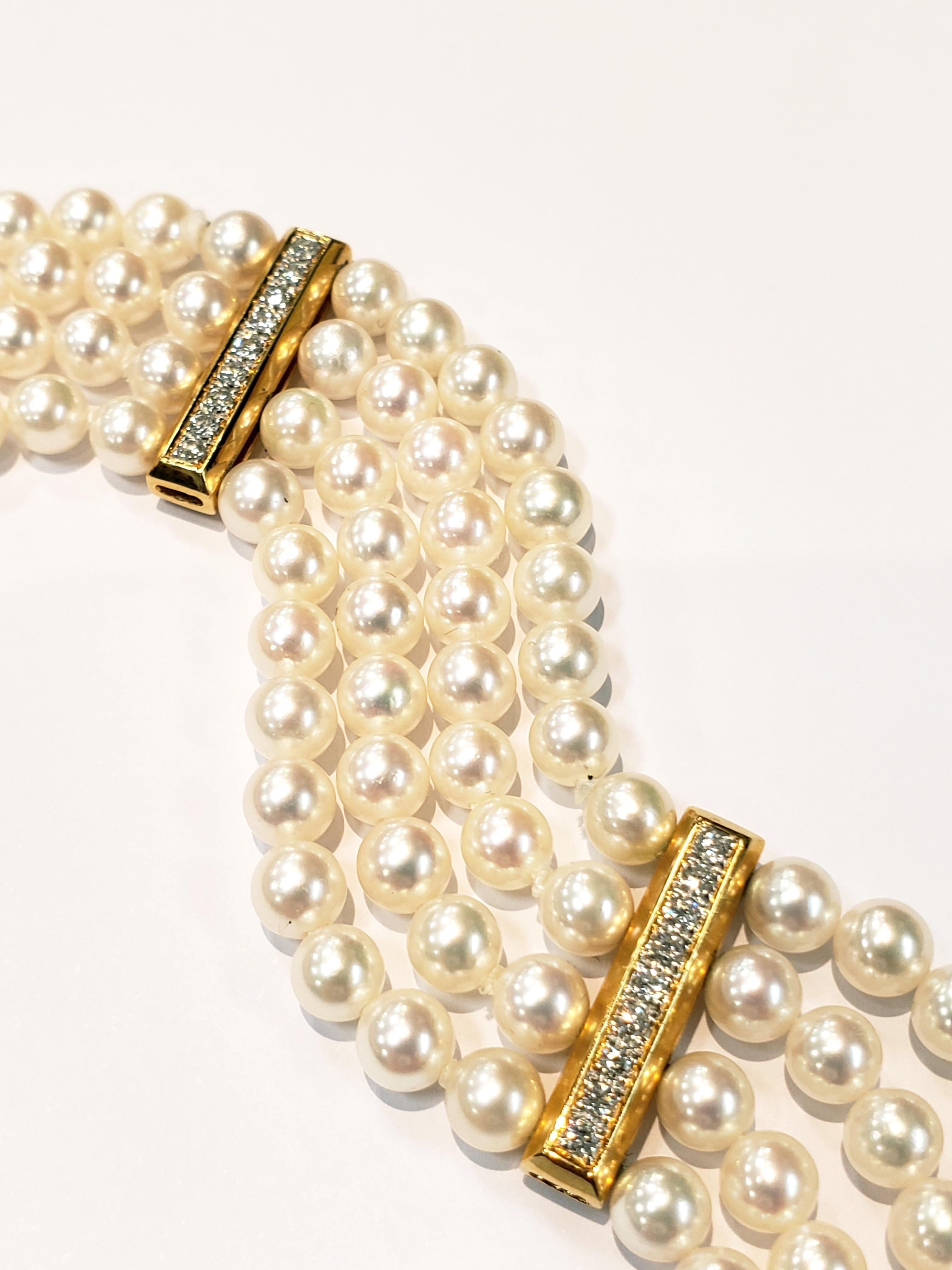 Four-Row Cultured Pearl Bracelet with 18 Karat Yellow Gold Diamonds For Sale 1