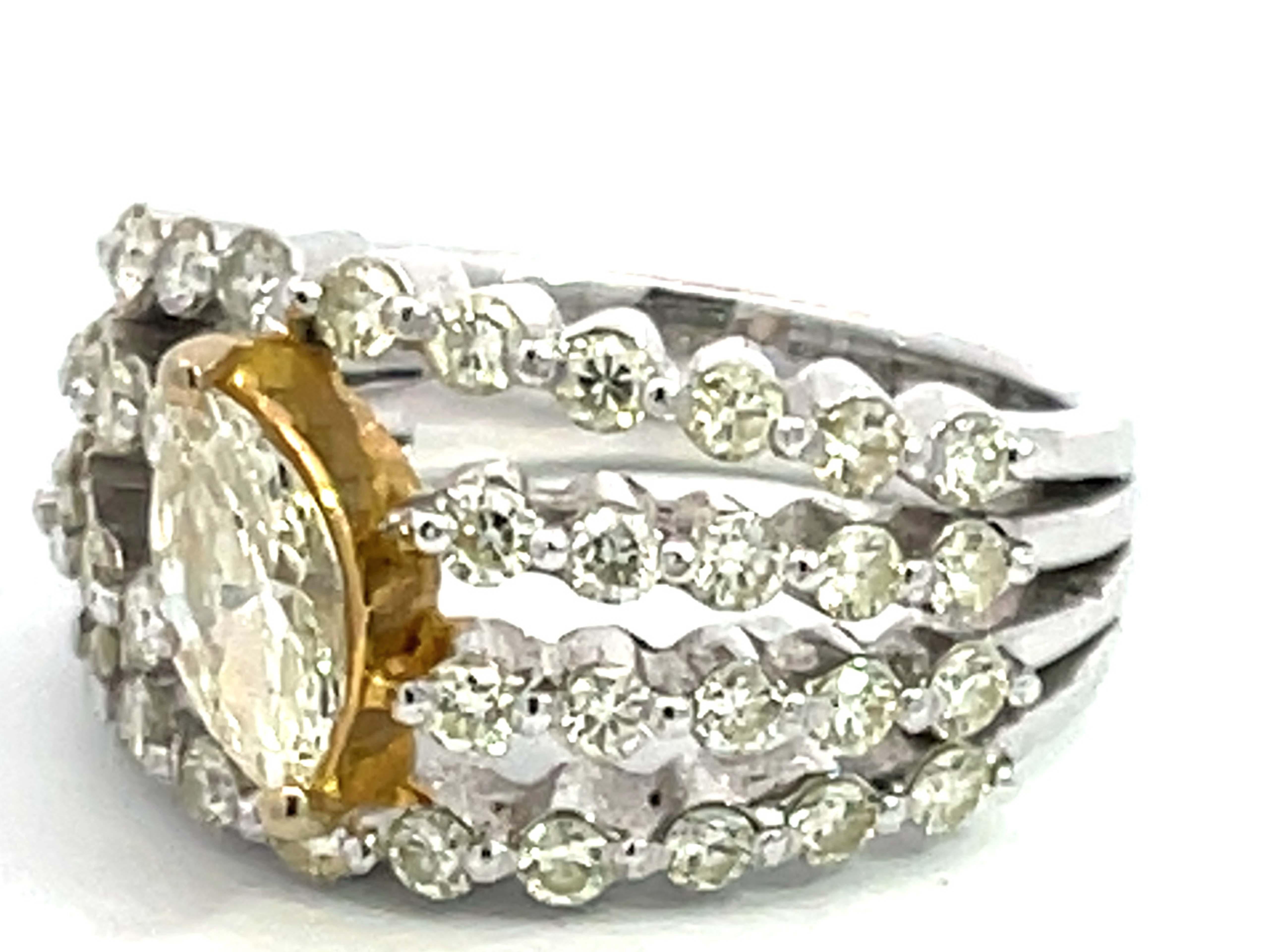 Modern Four Row Diamond Band with Yellow Marquise Diamond Center Ring in 18k White Gold For Sale