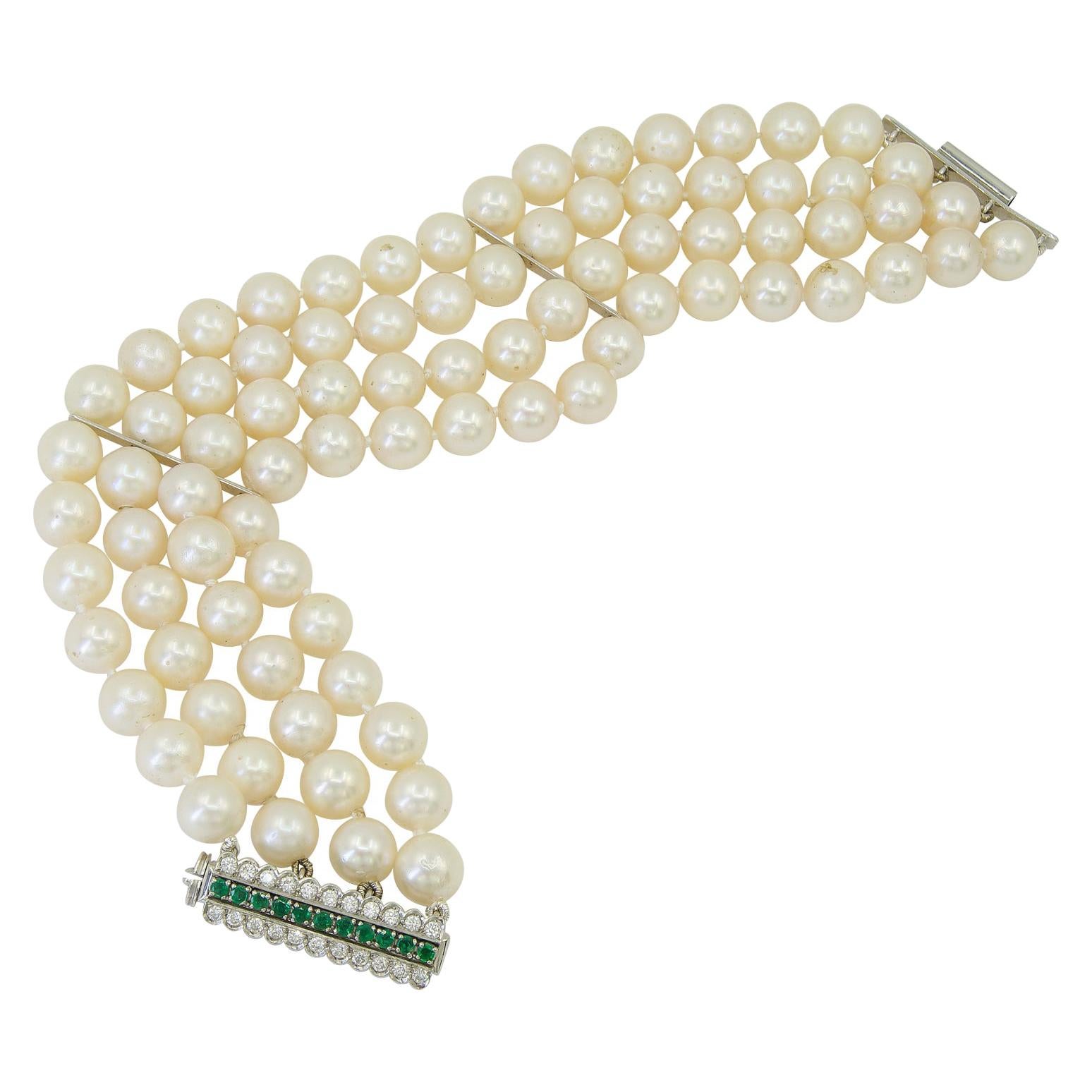 Four Row Cultured Pearl  Diamond Emerald Bracelet