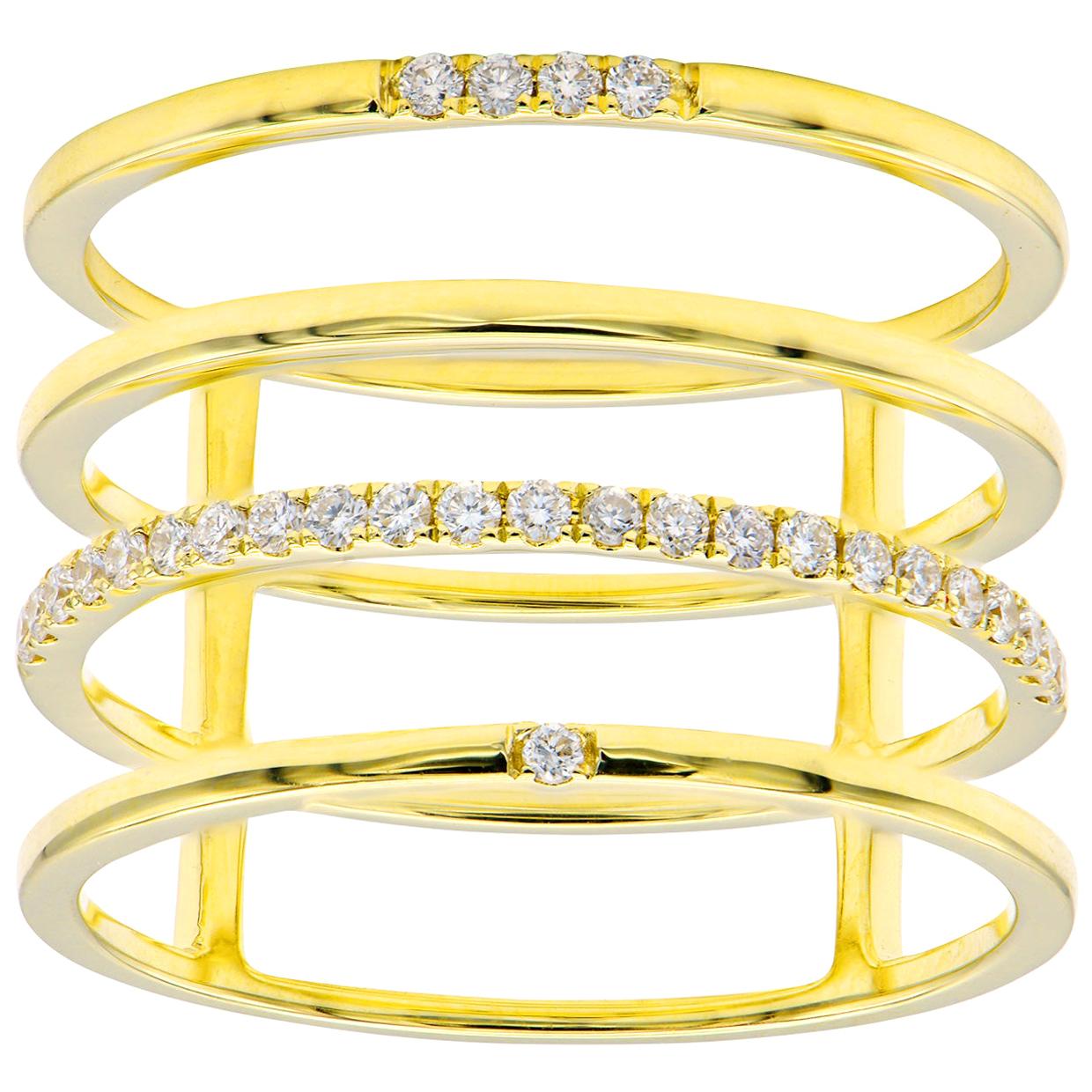 Bague à la mode à quatre rangées de diamants en or jaune