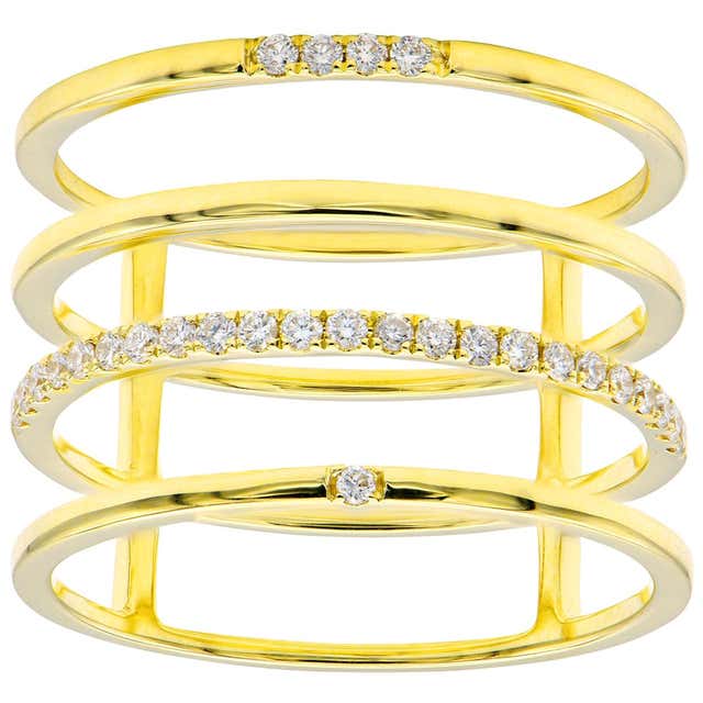 Gemveto Four Row Round Diamond Yellow Gold Ring For Sale at 1stDibs