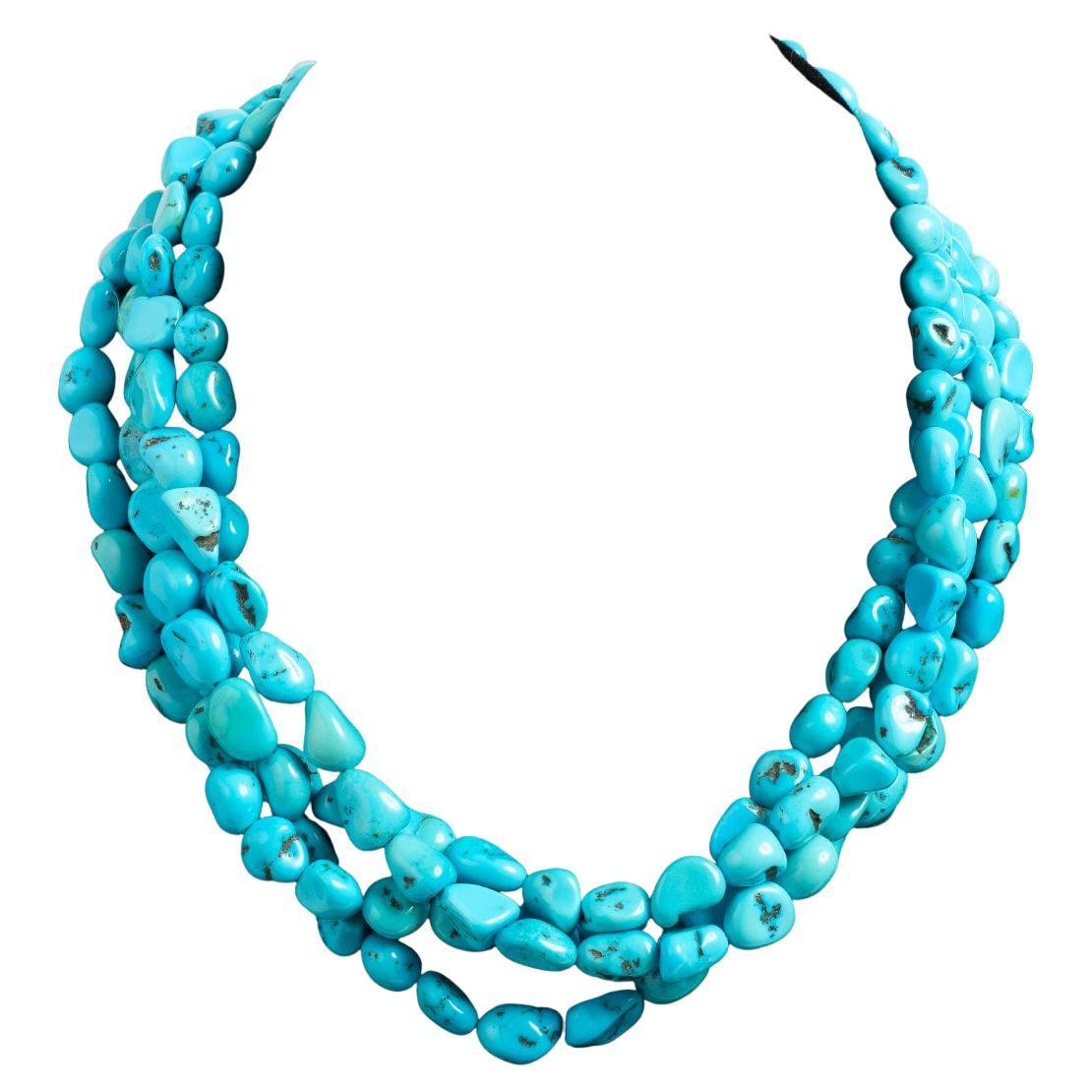 Collana a quattro file di turchesi, chiusura in metallo con timbro 7350, Italia, circa 1990. in vendita