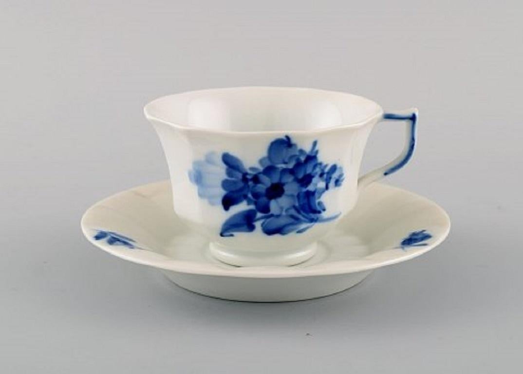 Danish Four Royal Copenhagen Blue Flower Angular Teacups with Saucers and Plates