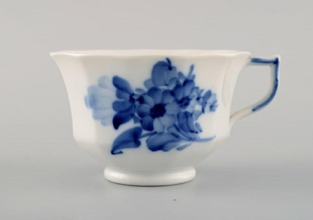 Hand-Painted Four Royal Copenhagen Blue Flower Angular Teacups with Saucers and Plates