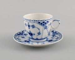 Four Royal Copenhagen Blue Fluted Half Lace Coffee Cups with Saucers