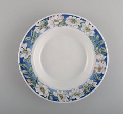 Four Royal Copenhagen White Rose Deep Plates with Blue Border and White Flowers