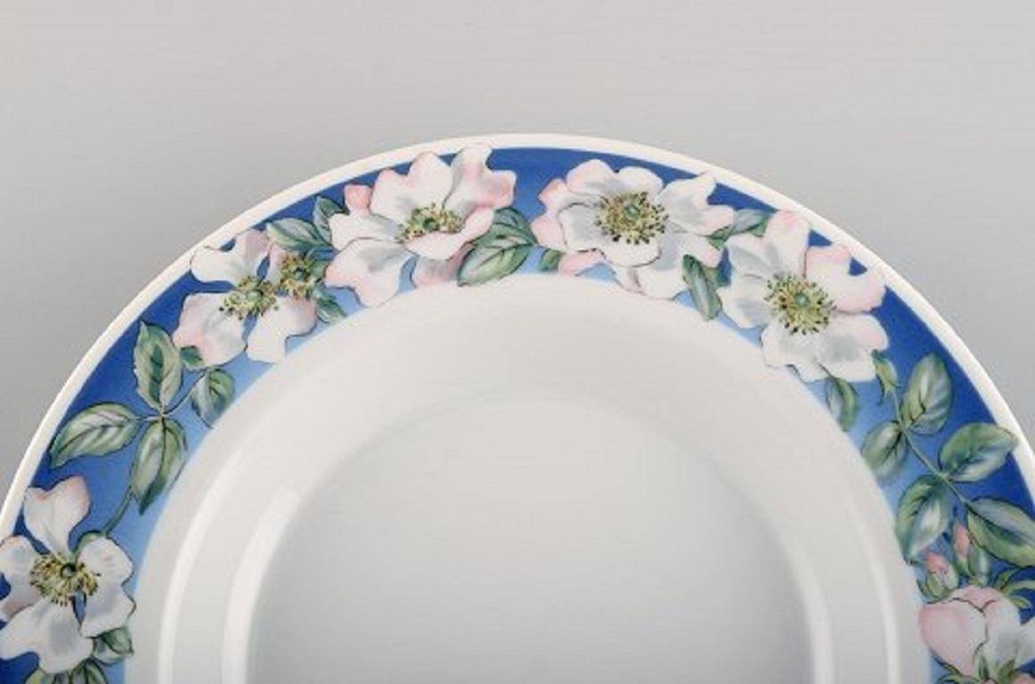 Danish Four Royal Copenhagen White Rose Deep Plates with Blue Border and White Flowers For Sale