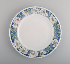 Four Royal Copenhagen White Rose Dinner Plates with Blue Border, White Flowers