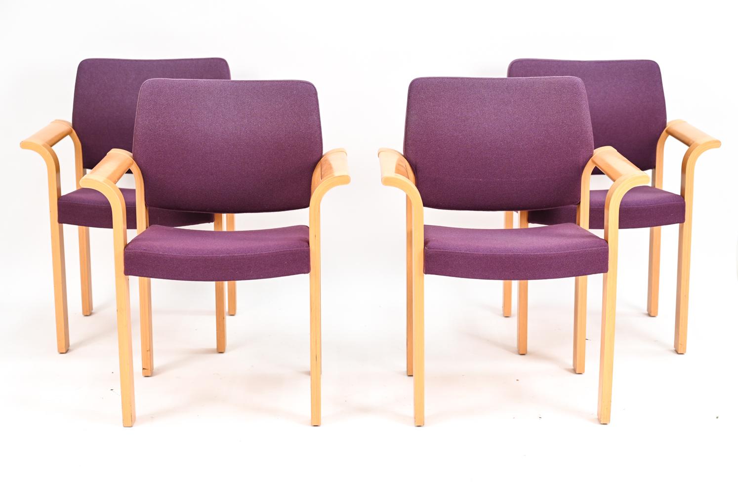 Four Danish mid-century armchairs designed by Rud Thygesen & Johnny Sørensen for Magnus Olesen, c. 1970's. Boasting beechwood frames with flared armrests and purple wool fabric, these fabulous model 