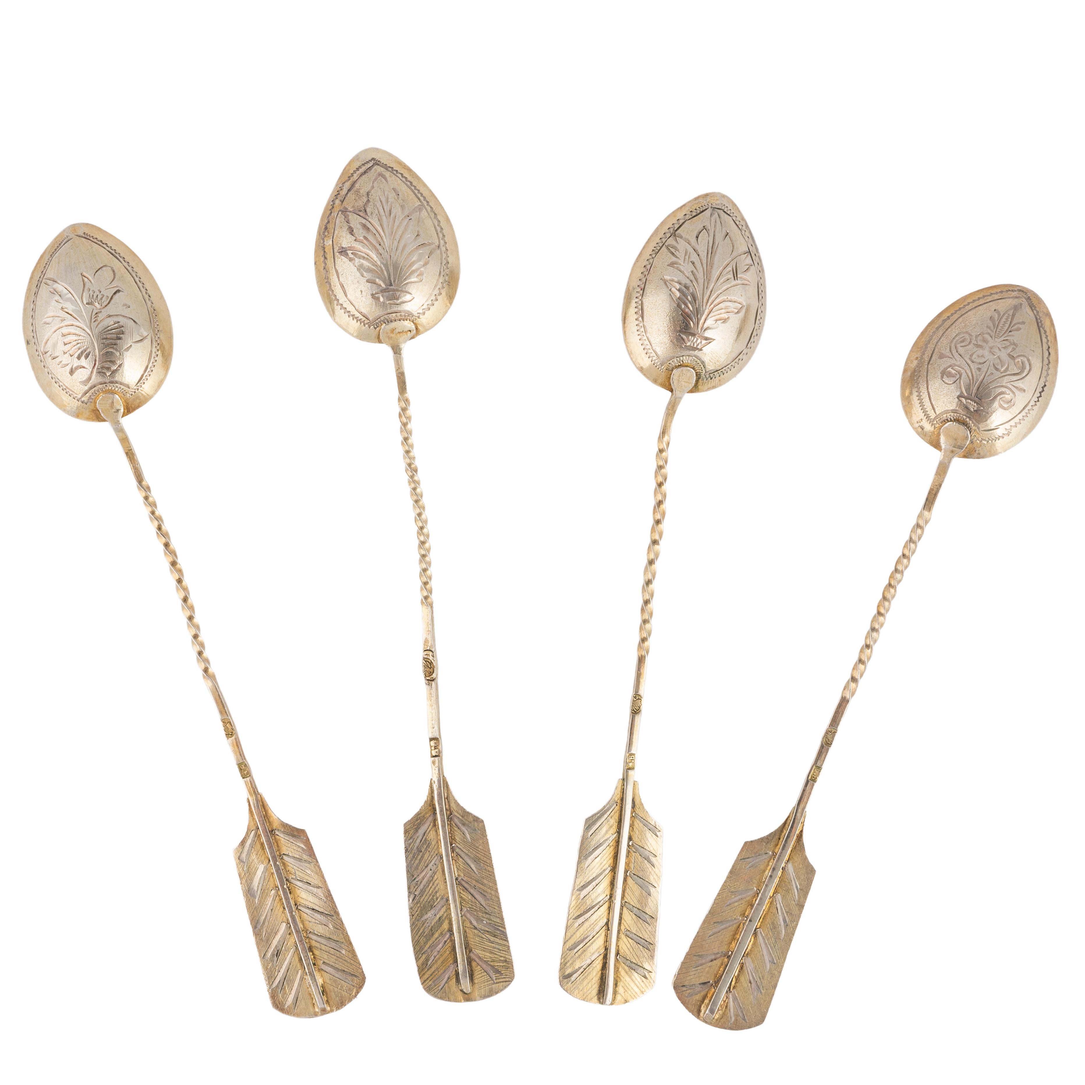 Women's or Men's Four Russian Imperial-era Silver Arrow Demi-tasse Spoons, circa 1900