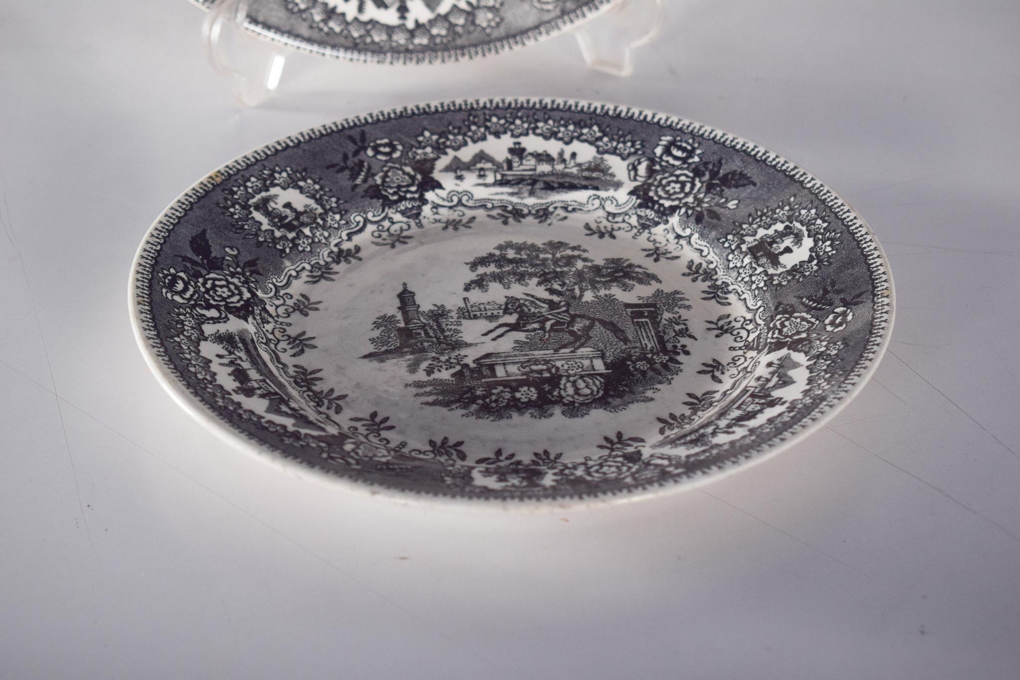 Portuguese Four Sacavém Faience Plates ‘Statue, Little Horse’ For Sale