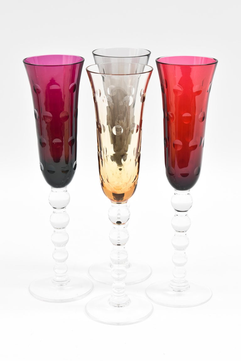 Four Saint Louis Bubble Stem Champagne Flutes, MultiColor at 1stDibs