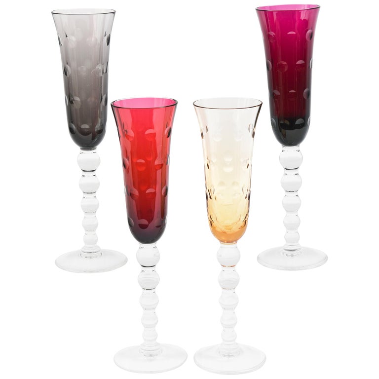 Four Saint Louis Bubble Stem Champagne Flutes, Multi-Color at 1stDibs