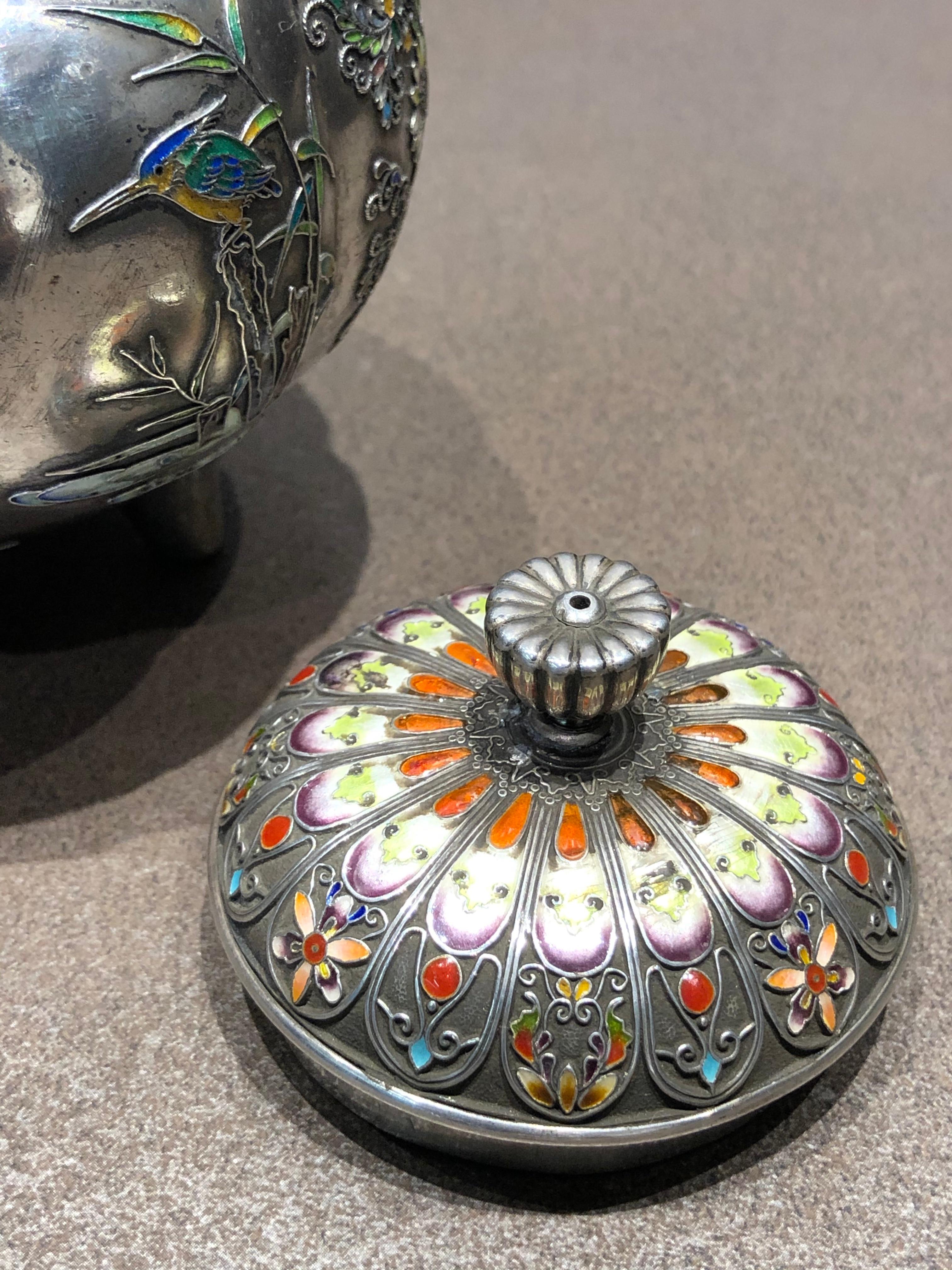 19th Century Four Seasons Flower and Birds Enamel Designed Silver Incense Burner, 19C For Sale