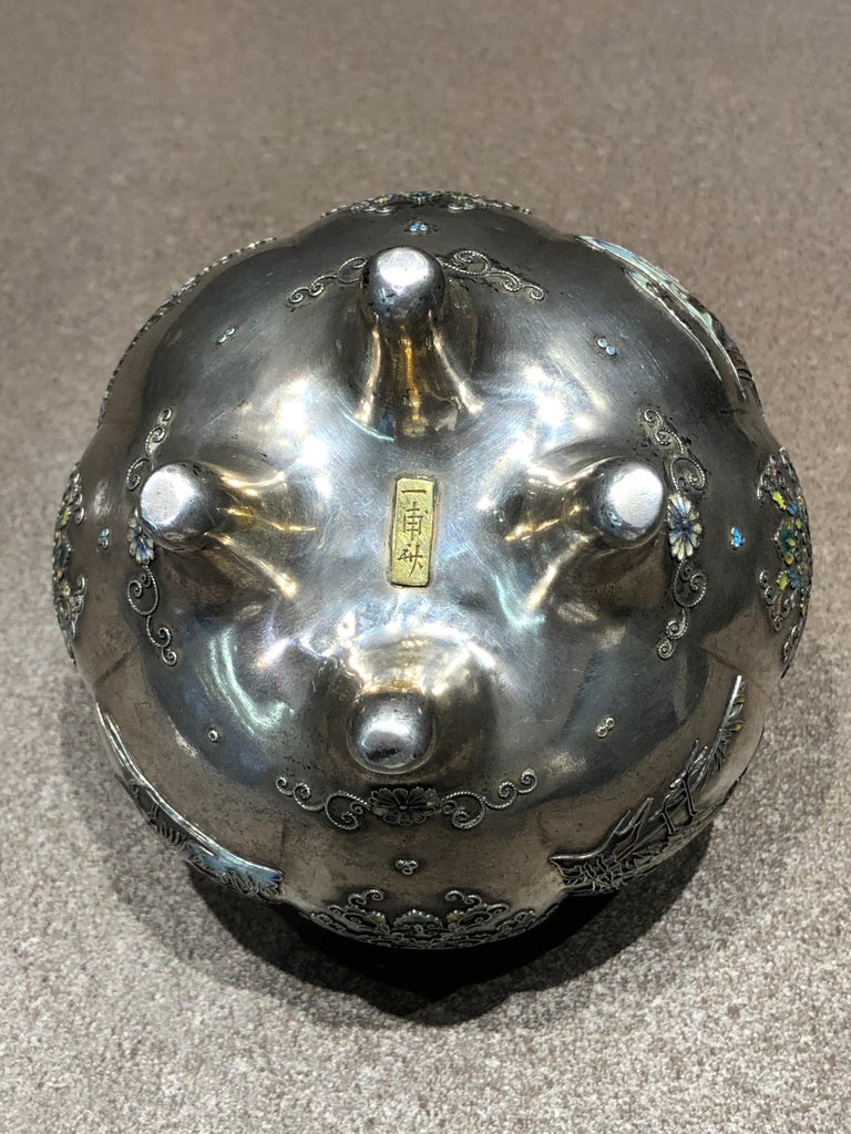 Four Seasons Flower and Birds Enamel Designed Silver Incense Burner, 19C For Sale at 1stDibs