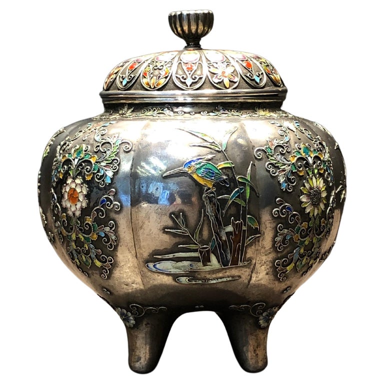 Four Seasons Flower and Birds Enamel Designed Silver Incense Burner, 19C For Sale at 1stDibs