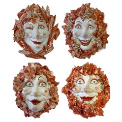 Four Seasons Italian Gilt & Painted Ceramic Mask Form Sculptures S/4