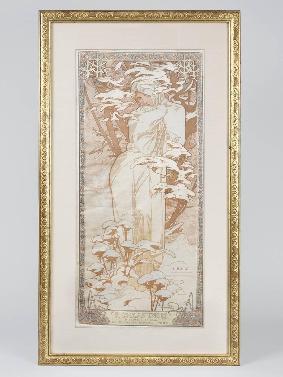 A set of the Four Seasons lithographs on silk by Alphonse Mucha. Circa 1900.

Mucha's third and final allegorical group of The Seasons, the premise remains the same - young women as irresistible representations of the seasons. Here, Mucha's approach