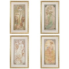 lithographies des "Quatre Saisons" sur soie d'Alphonse Mucha