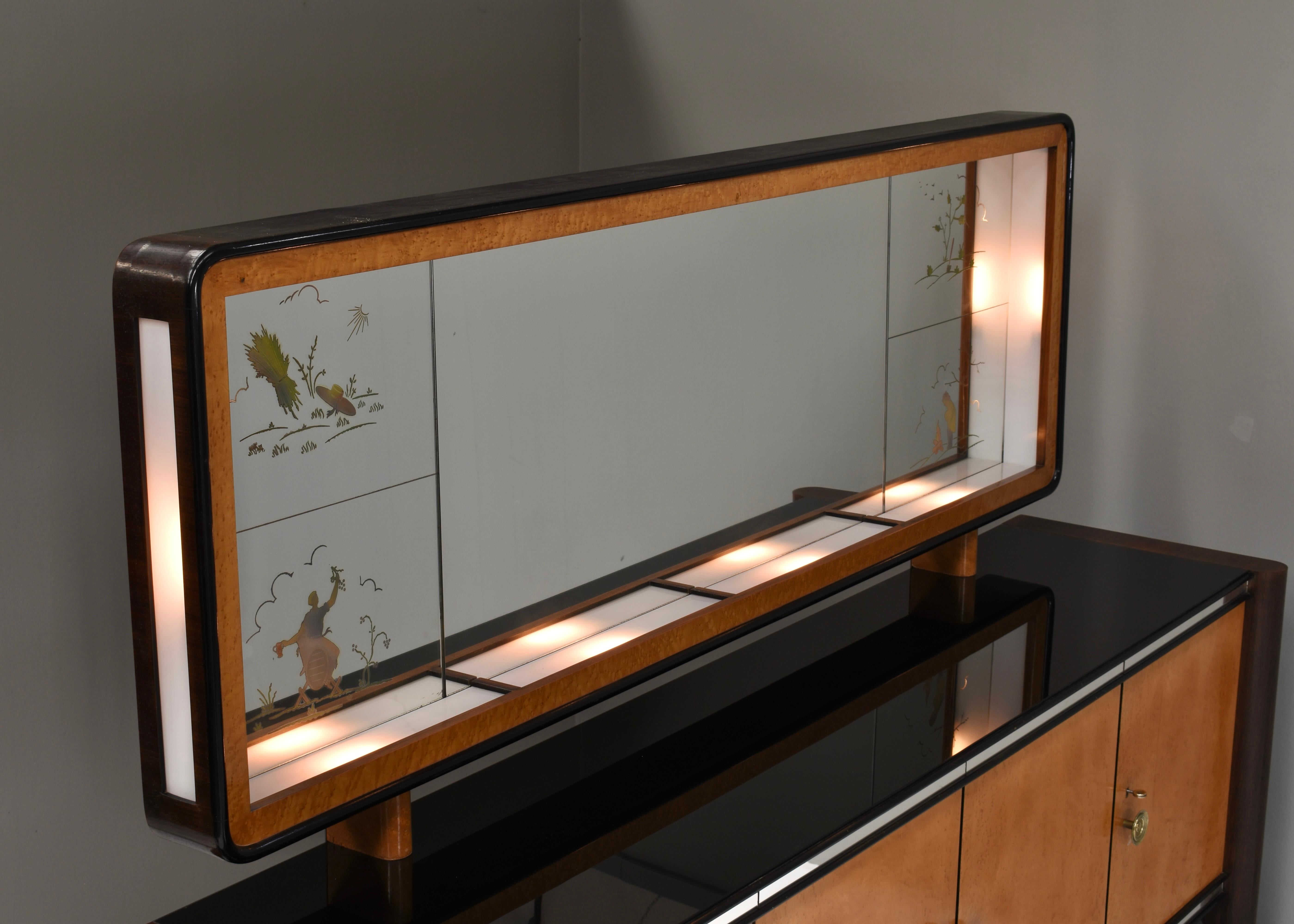 'Four Seasons' sideboard with illuminated mirror in the style of Borsani - 1930s For Sale 3