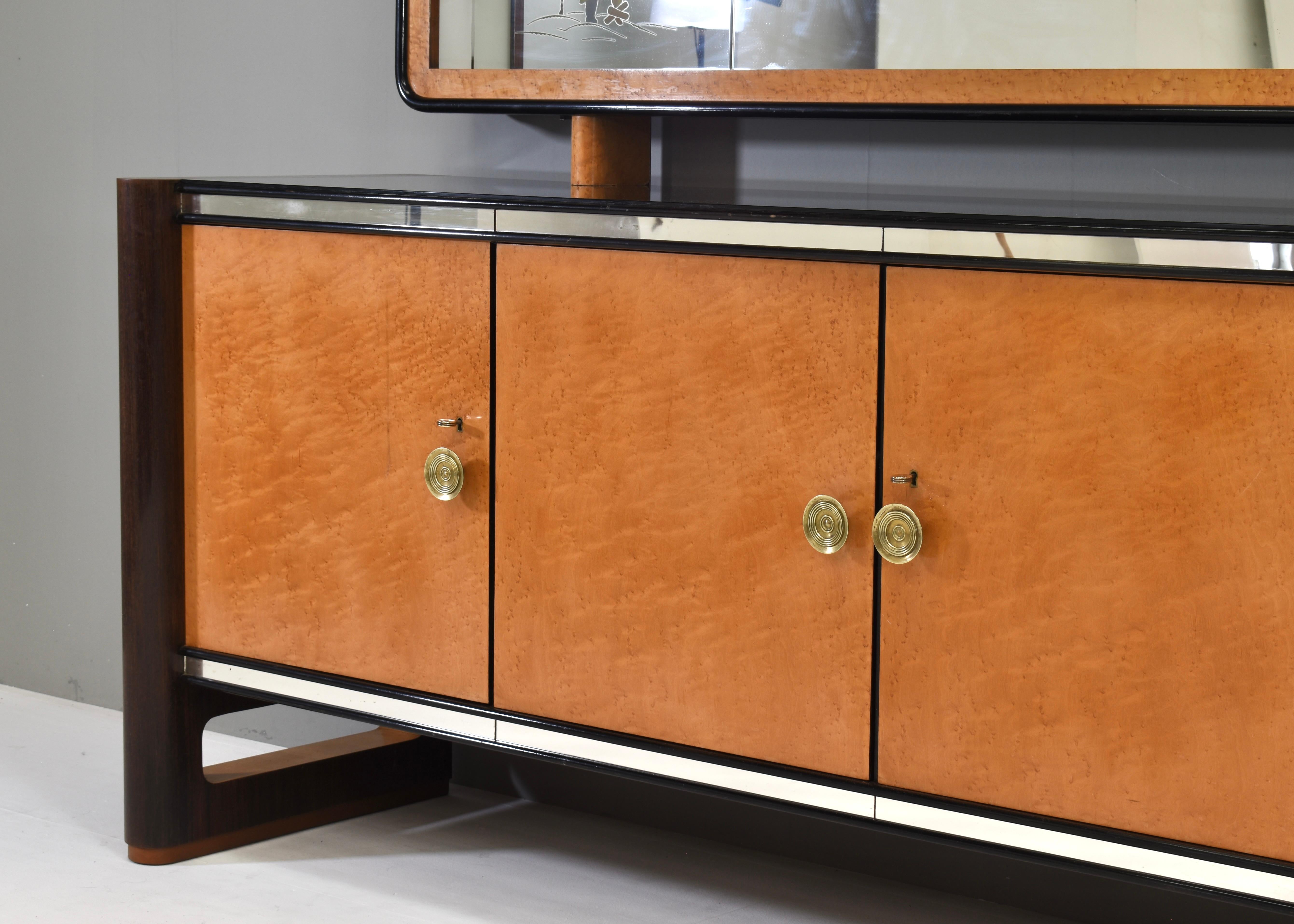 'Four Seasons' sideboard with illuminated mirror in the style of Borsani - 1930s For Sale 7