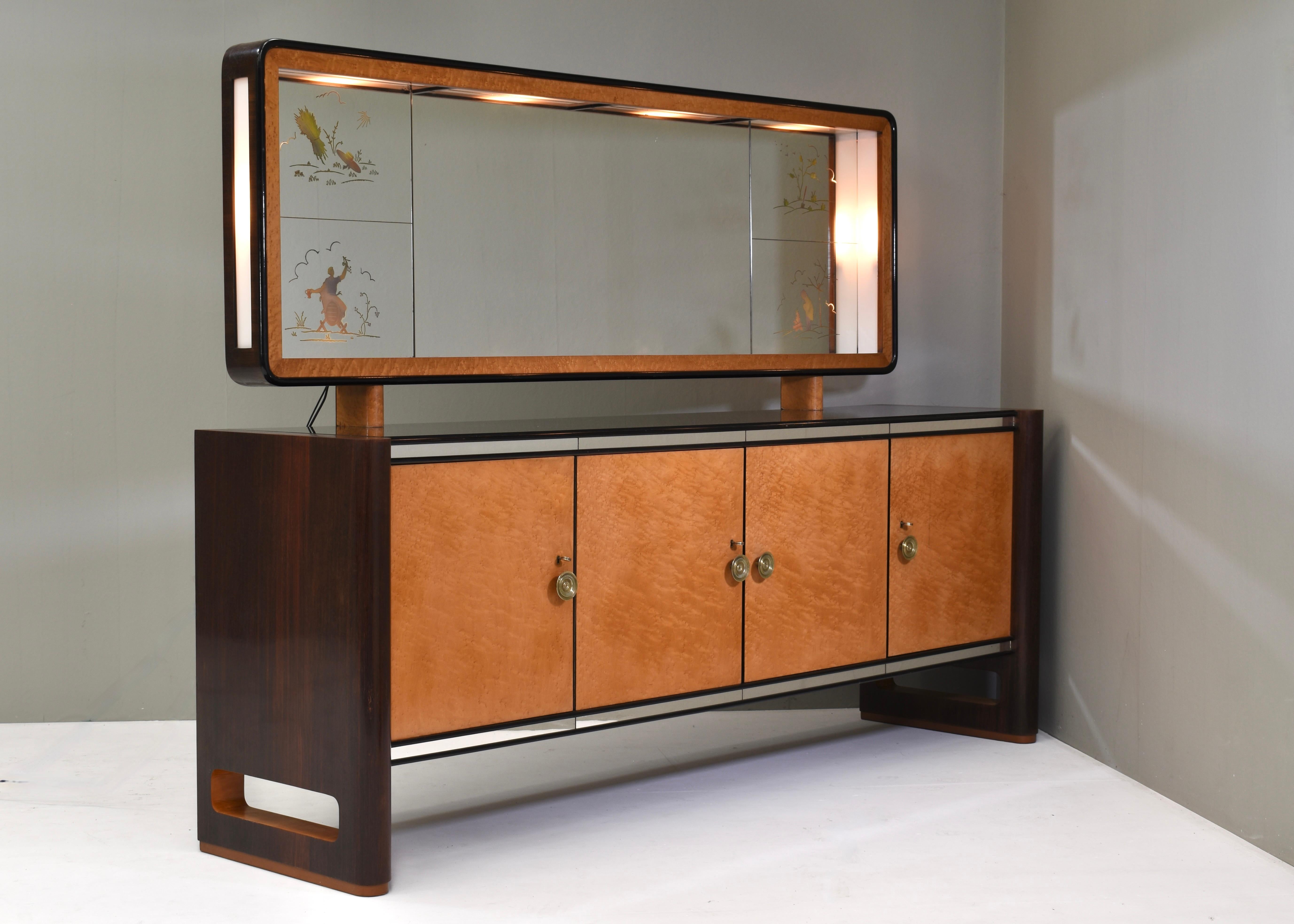 Art Deco 'Four Seasons' sideboard with illuminated mirror in the style of Borsani - 1930s For Sale