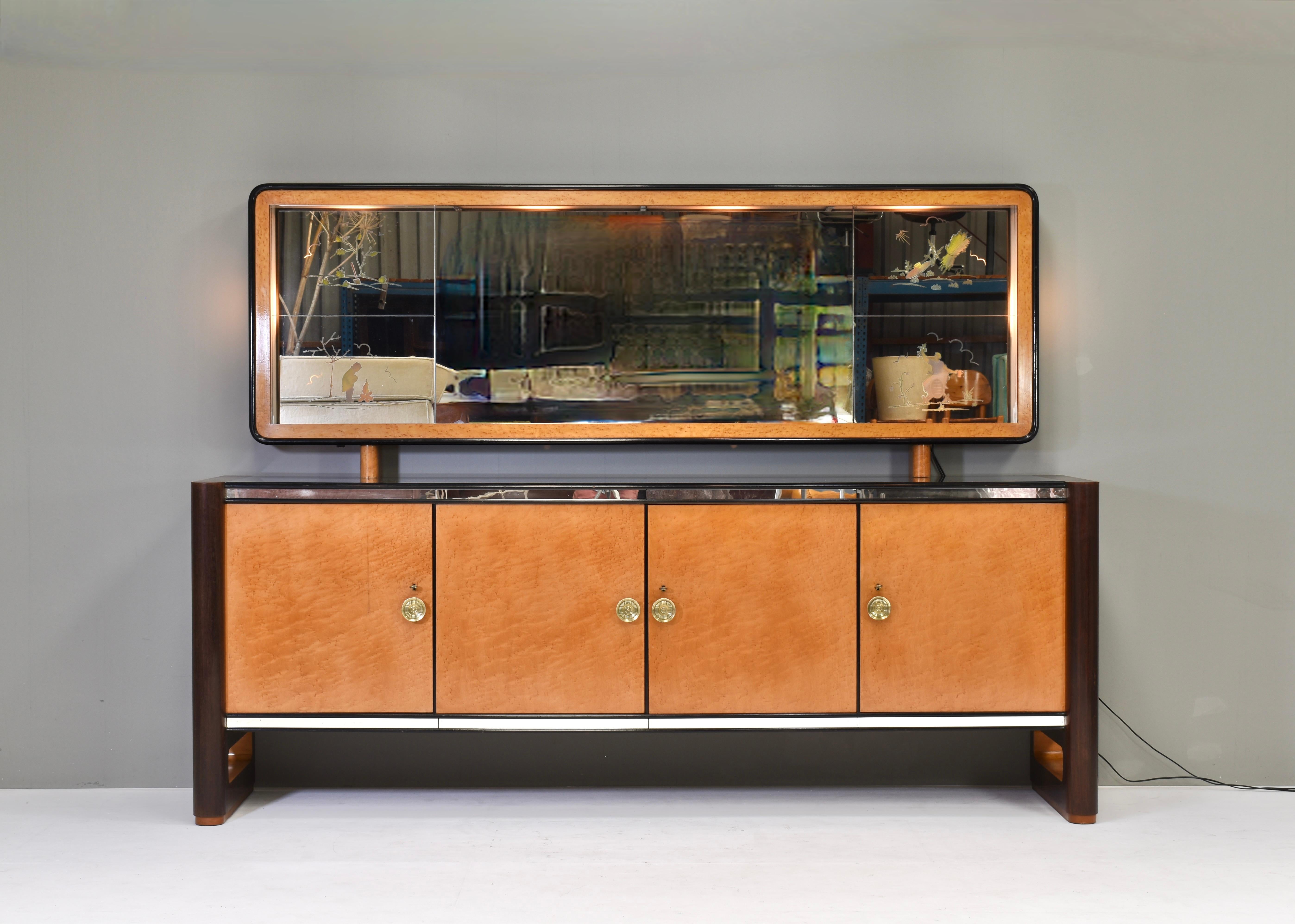 Italian 'Four Seasons' sideboard with illuminated mirror in the style of Borsani - 1930s For Sale