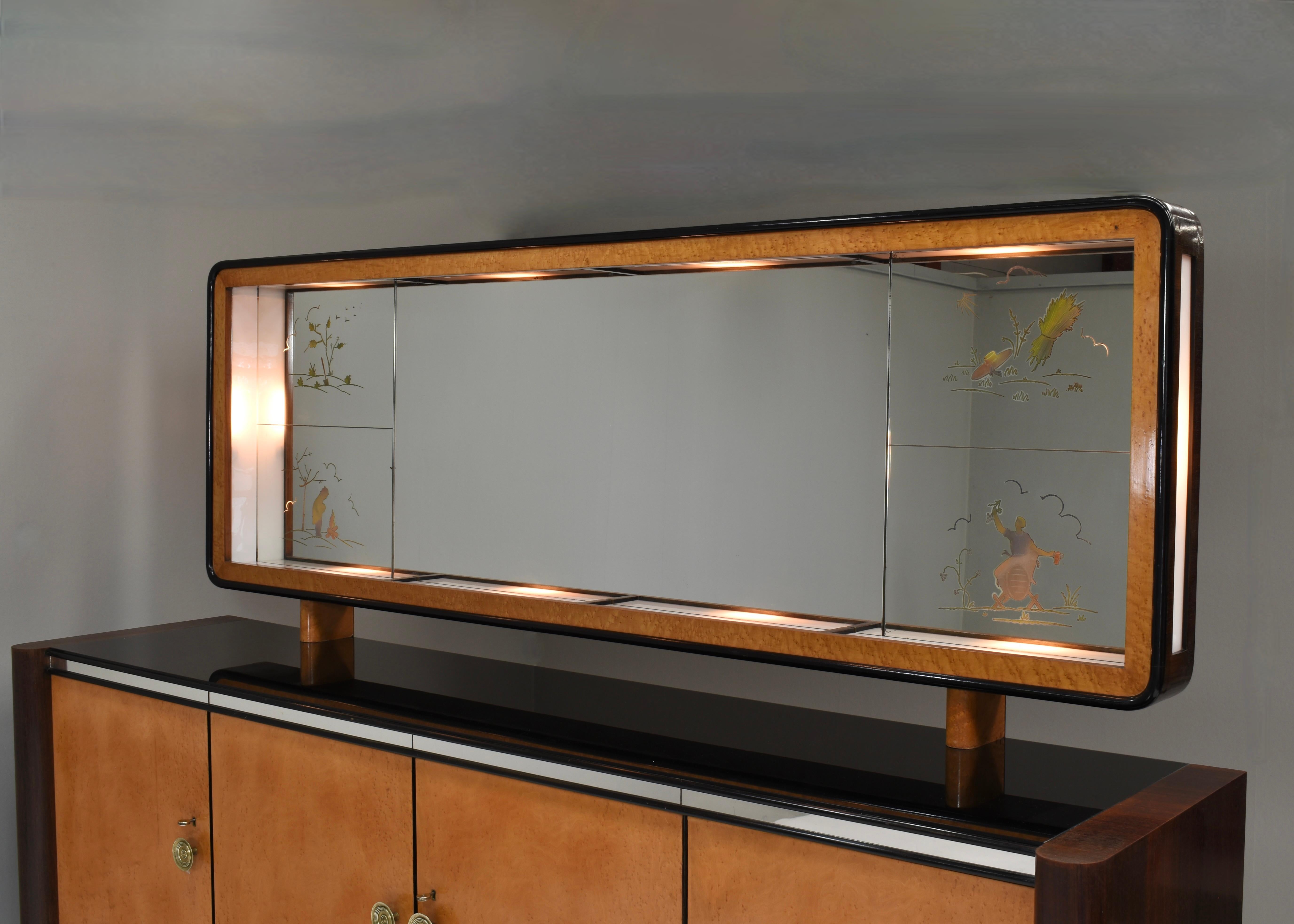 Mirror 'Four Seasons' sideboard with illuminated mirror in the style of Borsani - 1930s For Sale