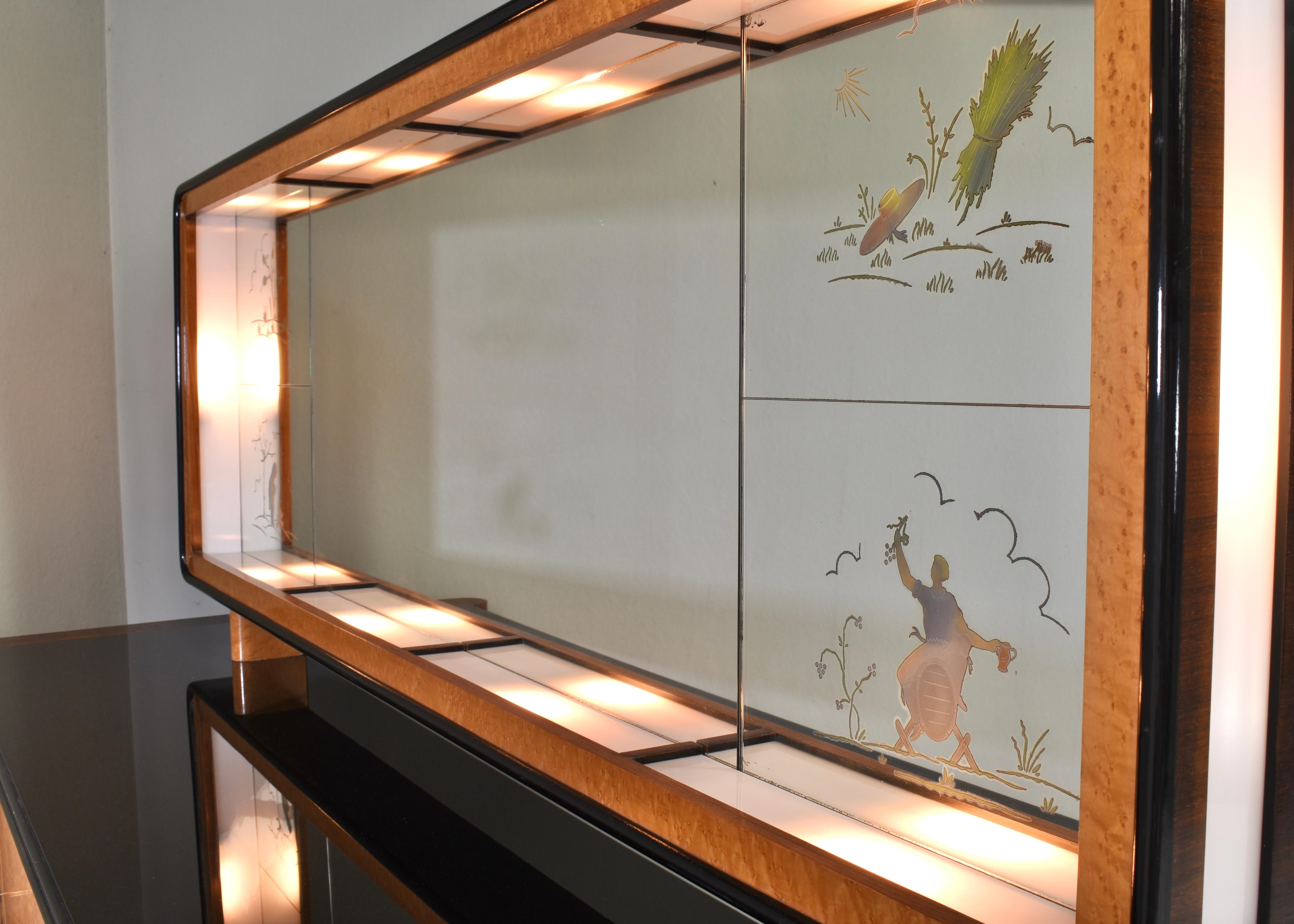 'Four Seasons' sideboard with illuminated mirror in the style of Borsani - 1930s For Sale 1