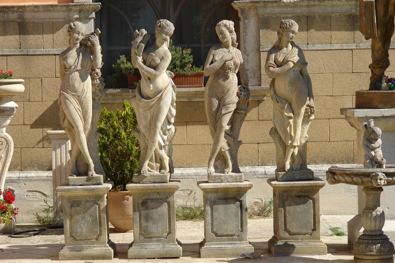 A Four Seasons statues (set of 4) hand-carved in pure limestone, authentic Art work, museum quality. Spring, Summer, Autumn and Winter statues.
Excellent details and sculptures, solid limestone pedestal (hand-carved as well, no cast-stone). Very