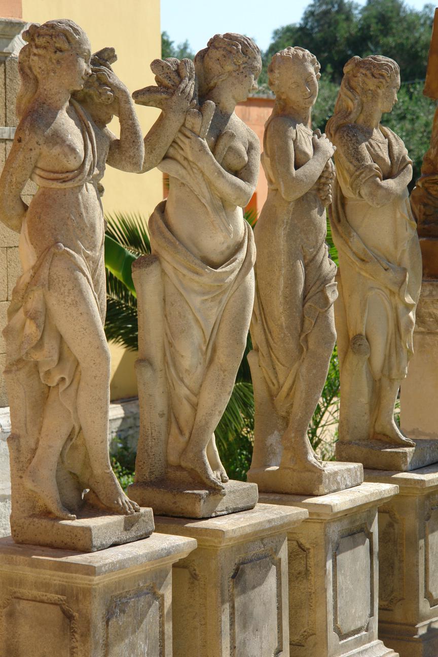 Louis XIV Four Seasons Statues, Handcrafted in Pure Limestone with Pedestals '4 Statues' For Sale
