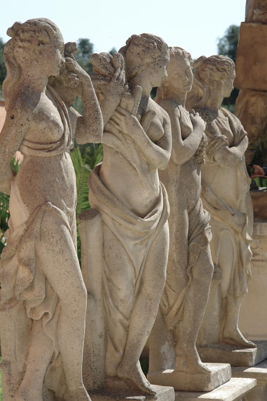 Hand-Carved Four Seasons Statues, Handcrafted in Pure Limestone with Pedestals '4 Statues' For Sale