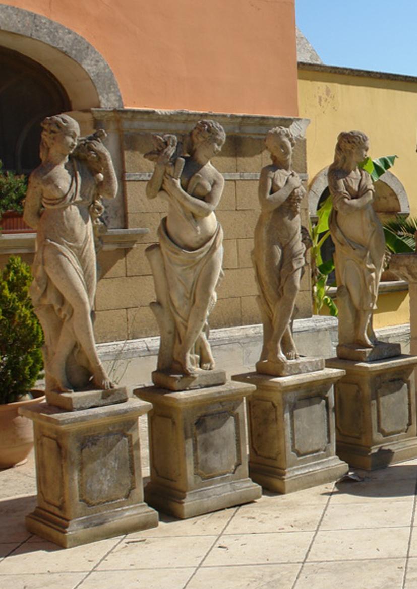 Contemporary Four Seasons Statues, Handcrafted in Pure Limestone with Pedestals '4 Statues' For Sale