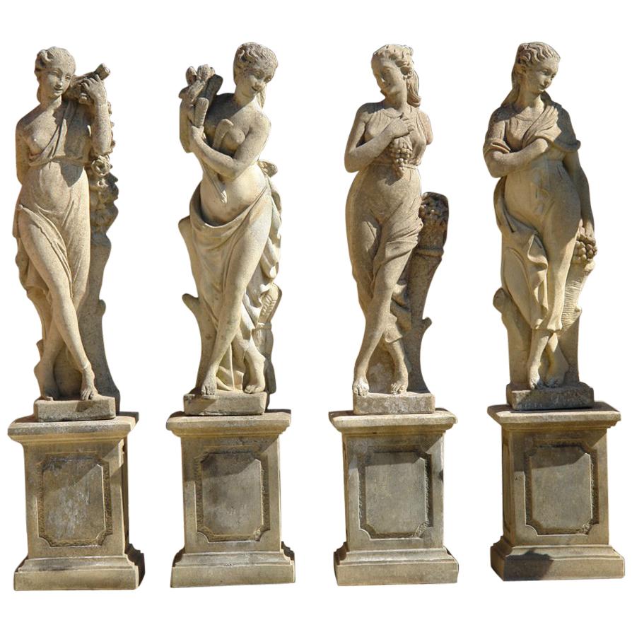 Four Seasons Statues, Handcrafted in Pure Limestone with Pedestals '4 Statues' For Sale