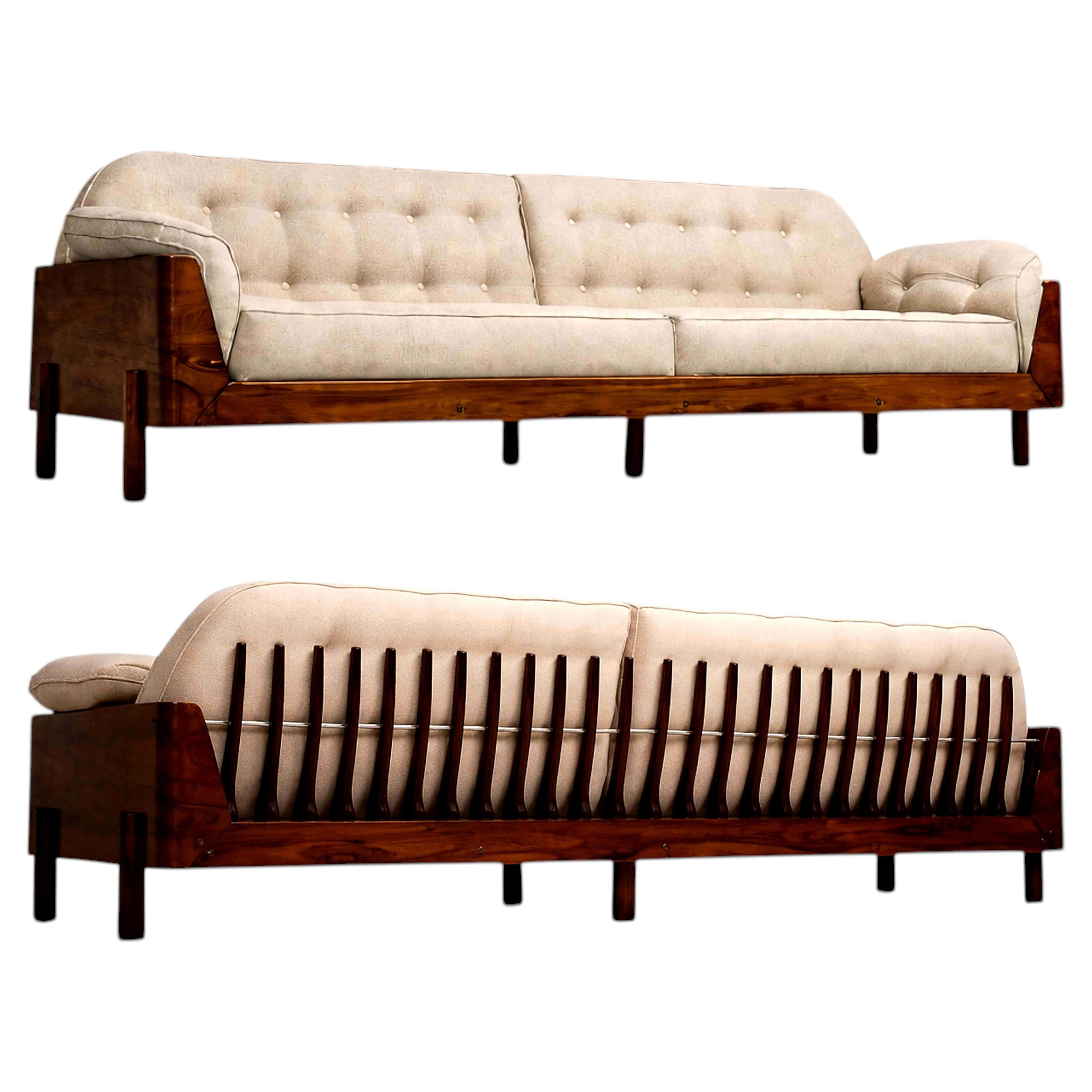 Four-Seat Sofa in Brazilian Rosewood with Sculpted Back & Warm Bouclé, JD Moveis