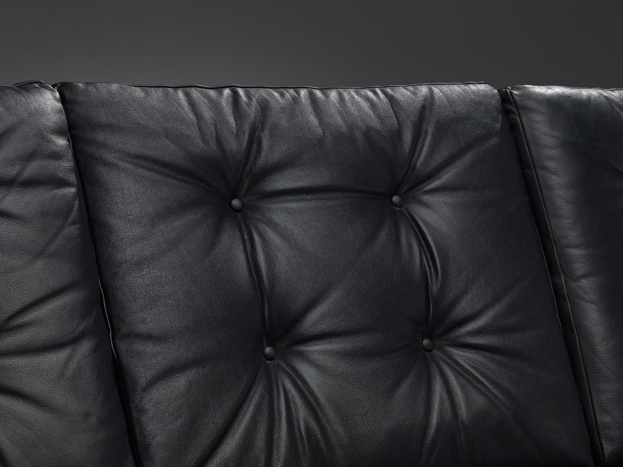 Mid-Century Modern Four-Seater Sofa in Black Leatherette and Steel For Sale