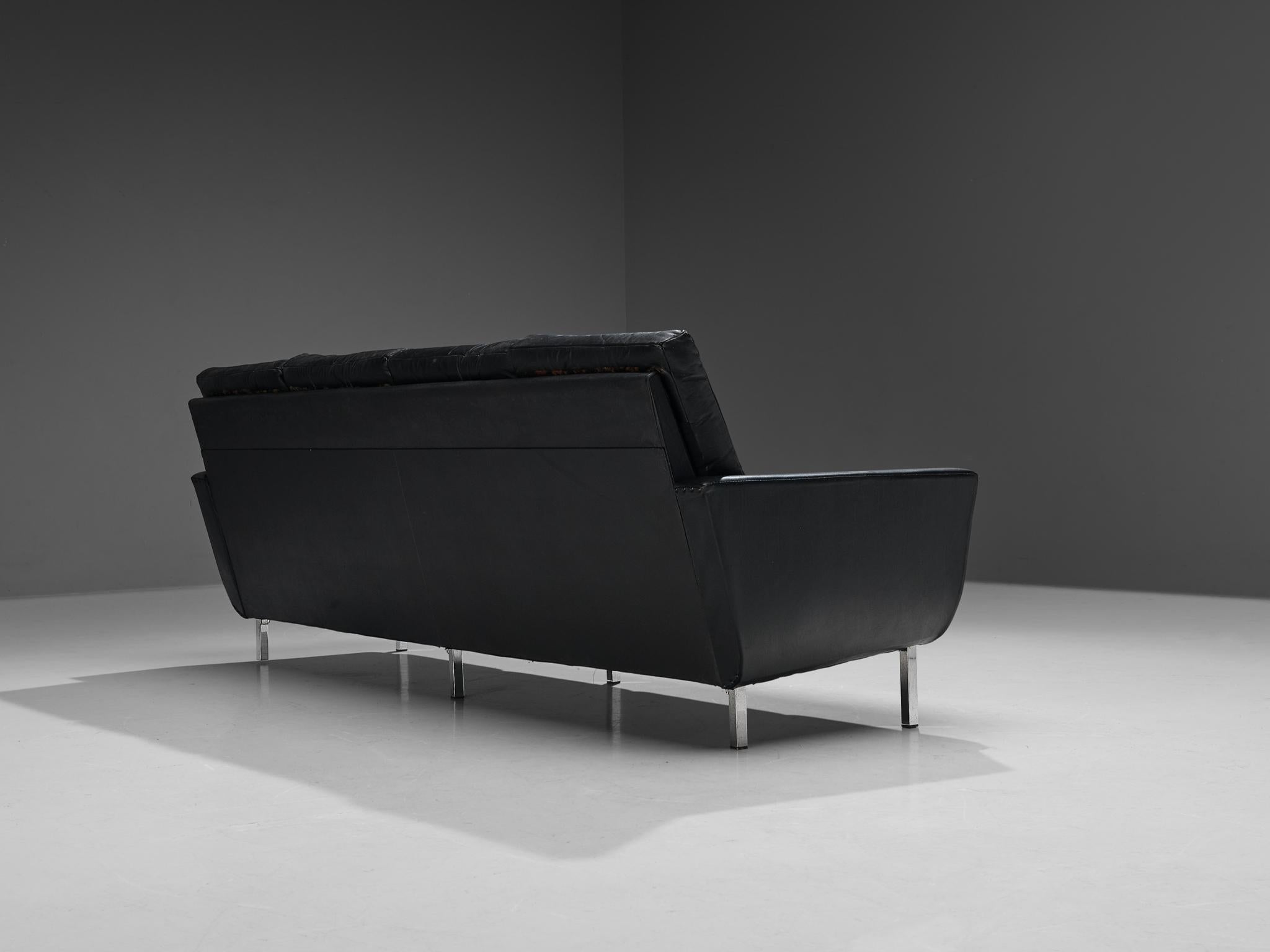 European Four-Seater Sofa in Black Leatherette and Steel For Sale