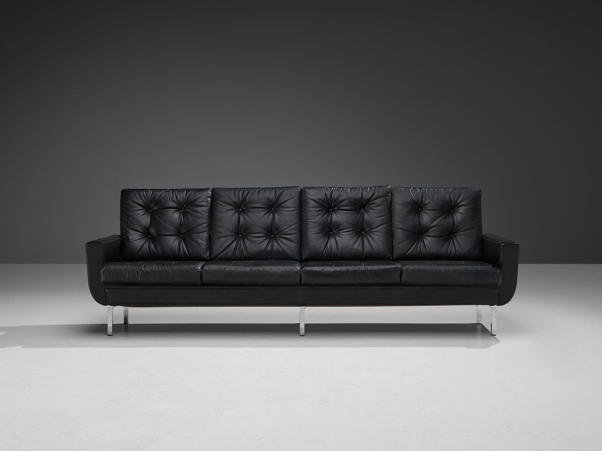 Mid-20th Century Four-Seater Sofa in Black Leatherette and Steel For Sale