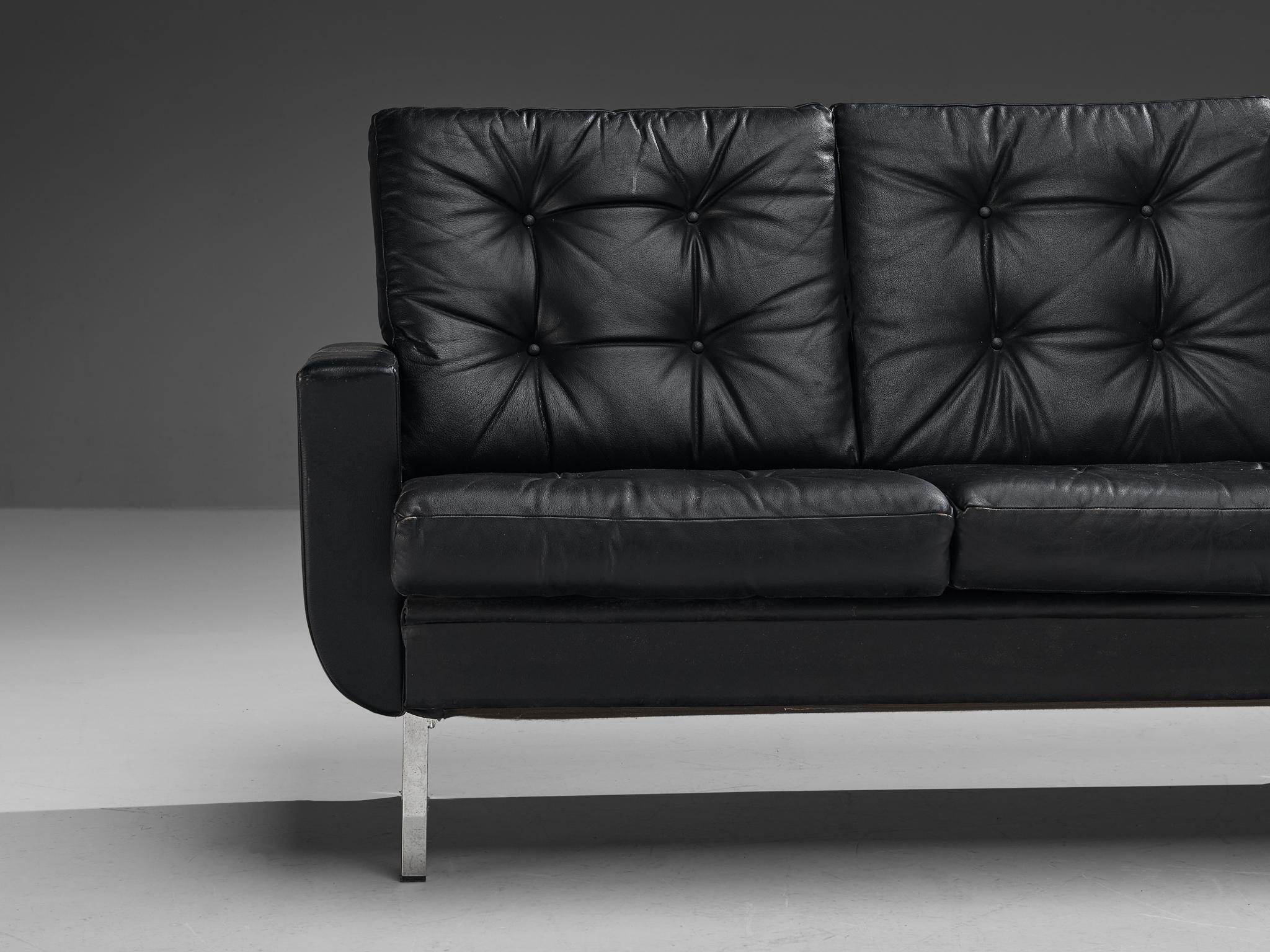 Four-Seater Sofa in Black Leatherette and Steel For Sale 1