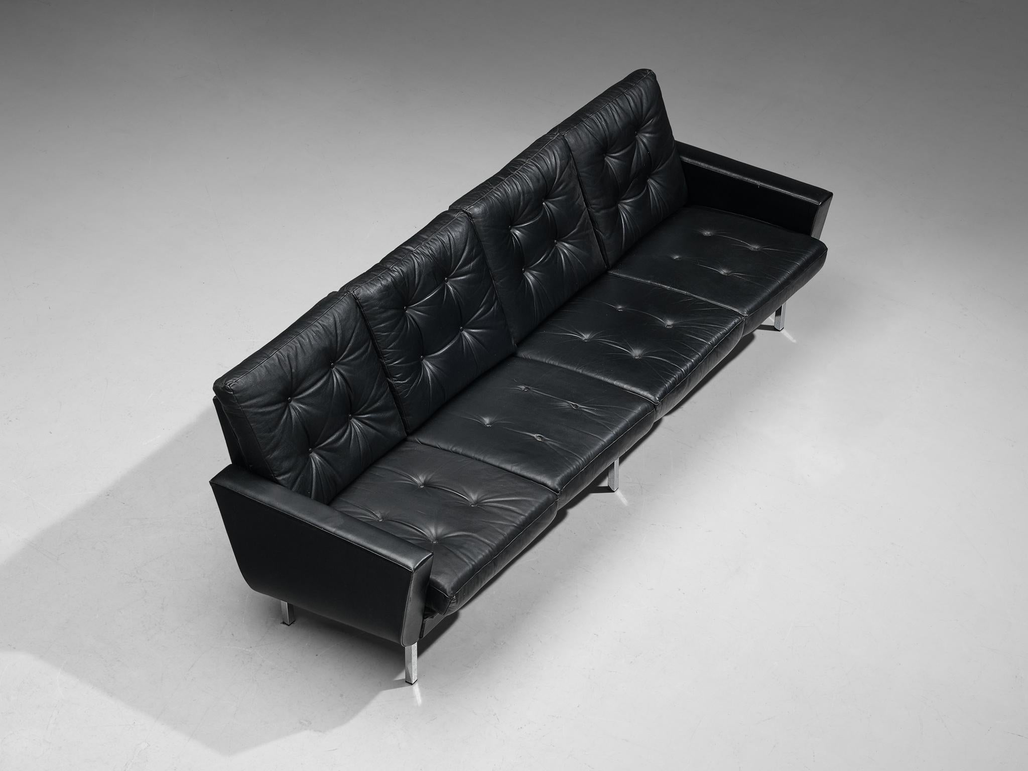 Four-Seater Sofa in Black Leatherette and Steel For Sale 3