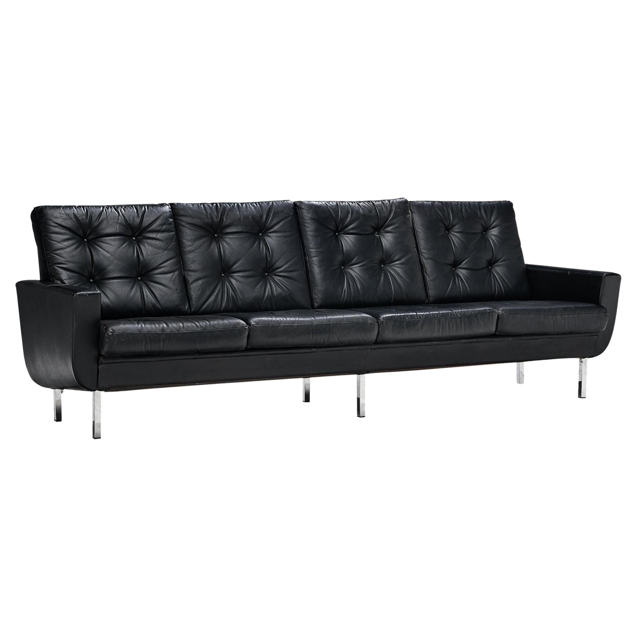 Four-Seater Sofa in Black Leatherette and Steel For Sale