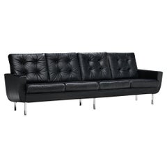 Vintage Four-Seater Sofa in Black Leatherette and Steel