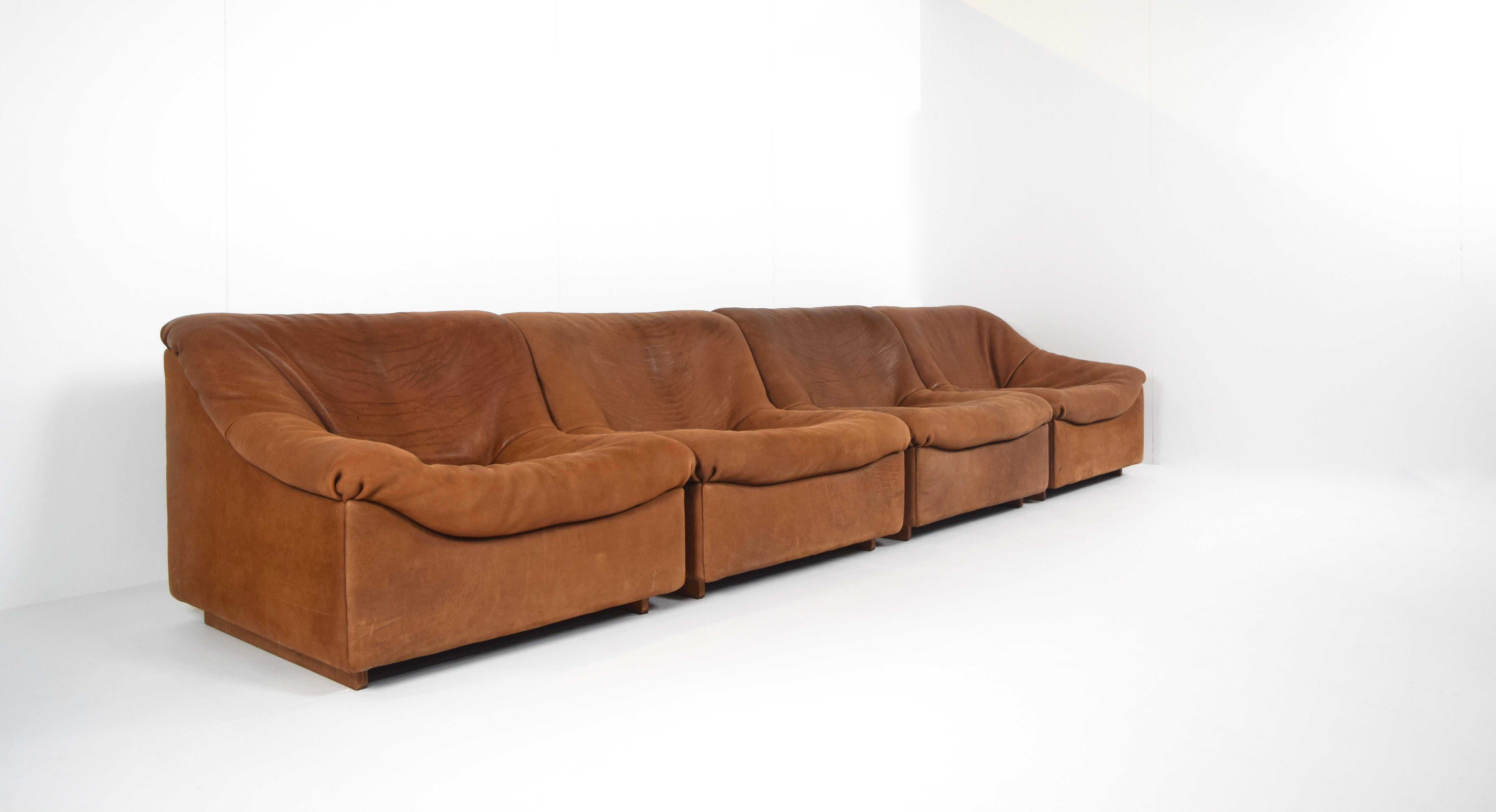 Swiss Four Seats Modular Sofa by De Sede DS46 in Cognac Buffalo Leather