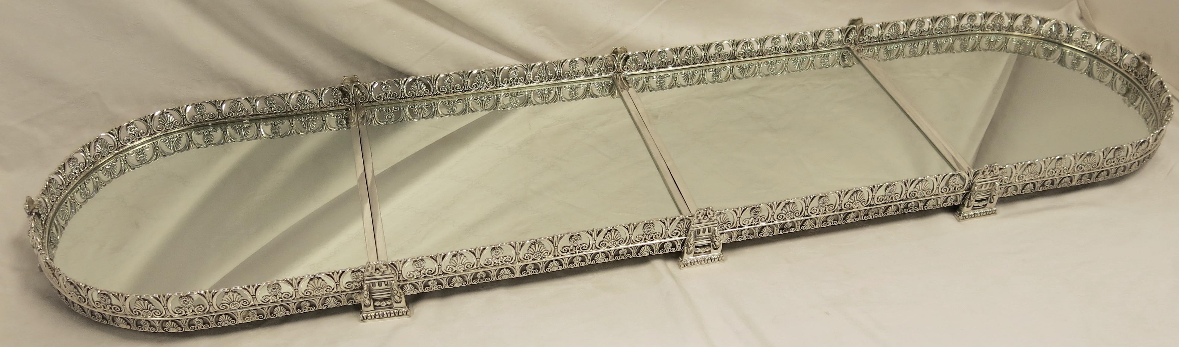 A highly decorative, neoclassical style, four-section silver plated surtout de table or table top plateau. Measures: total of approximately 66