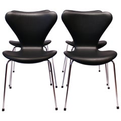 Four Seven Chairs Model 3107, in Black Leather by Arne Jacobsen and Fritz Hansen Four Seven Chairs Model 3107, in Black Leather by Arne Jacobsen and Fritz Hansen