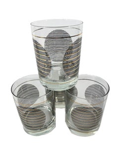 Four Shelton-Ware Double Rocks Glasses w/Black and Gold Lines Making Circles